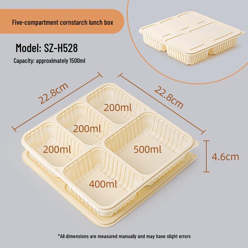 Pabei Food-Grade Biodegradable 5-Compartment Meal Prep Containers, 1500ml (200 Sets)