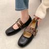 Black French Double-strap Mary Jane Flat Shoes with Built-in Height Increase and Soft Leather for Pregnant Women