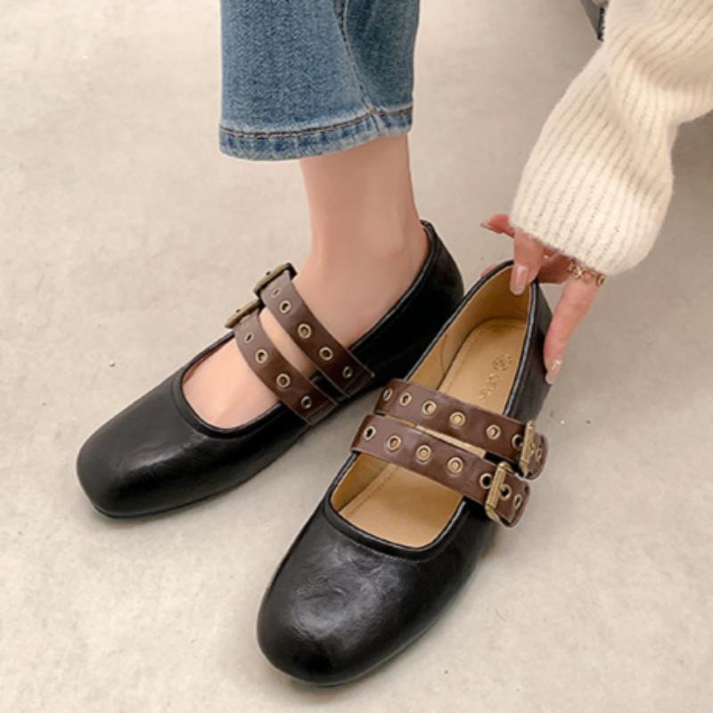 Black French Double-strap Mary Jane Flat Shoes with Built-in Height Increase and Soft Leather for Pregnant Women
