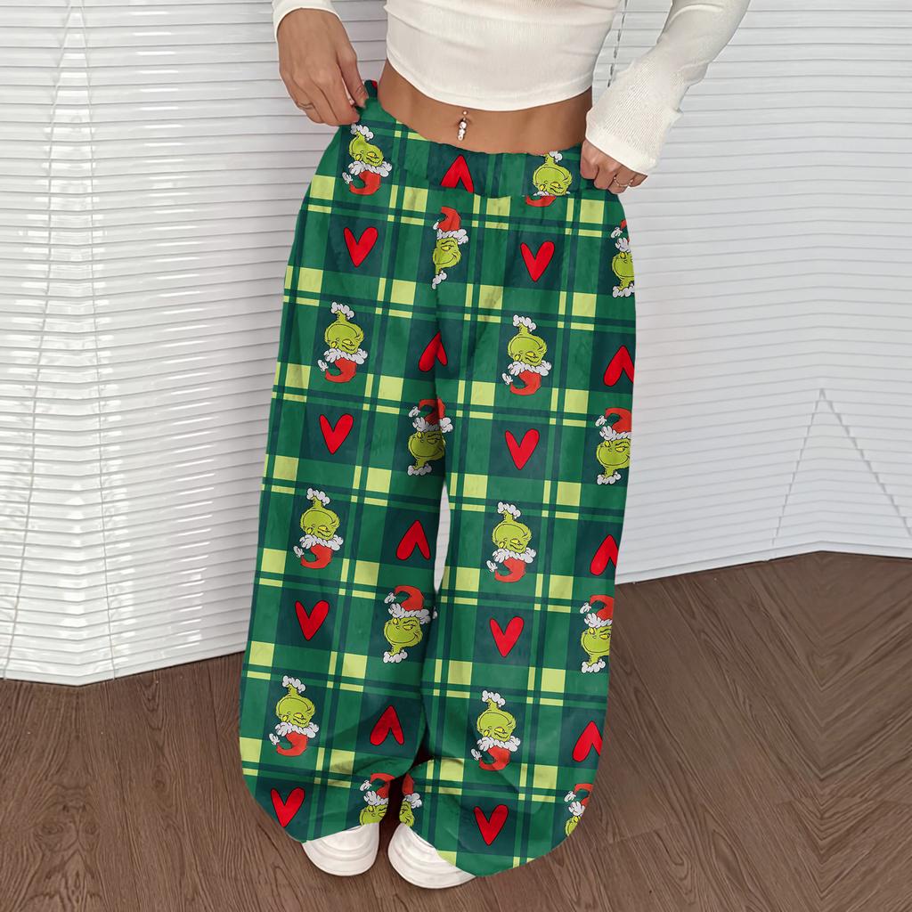 Damen Casual Weihnachten Print Elastischer Bund Lockerer Schnitt Mit Plüsch Weites Bein Hose