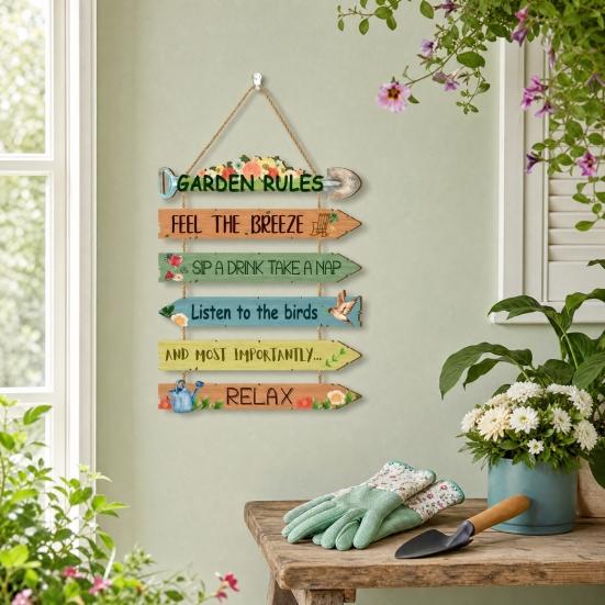 Garden Rules Hanging Sign, Spring Wooden Welcome Door Sign for Front Door, Rustic Farmhouse Wall Plaque for Porch Yard Gardening Shed Decoration