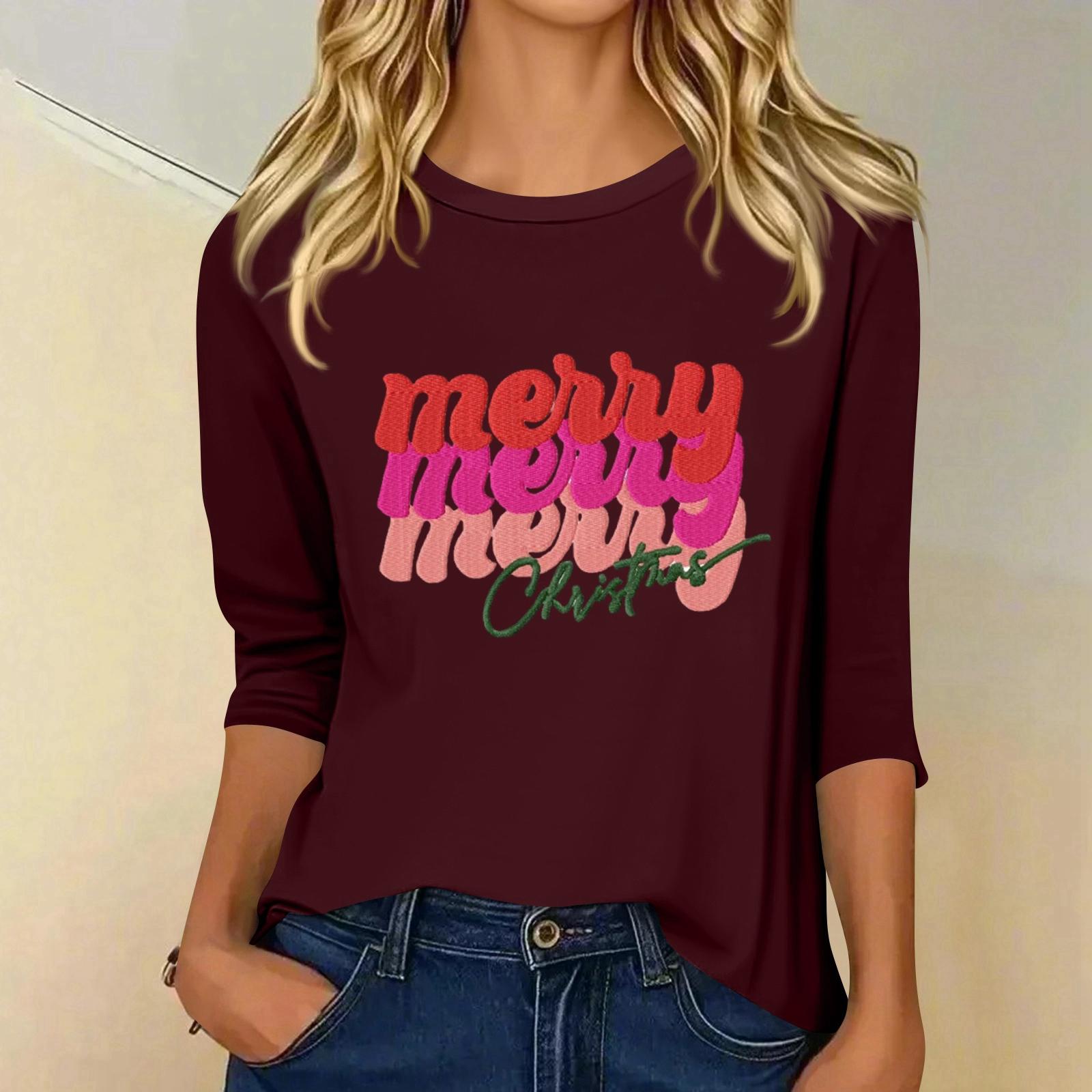 

Женский модный повседневный топ с рукавом три четверти и рождественским принтом, с круглым вырезом M винный