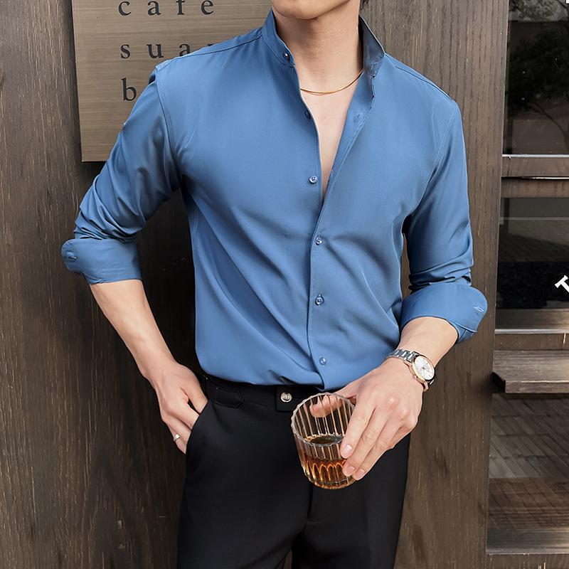 Spring Chinese Style High End Stand Up Collar Shirt Men's Long Sleeve Elastic Slimming Social Dress Shirt
