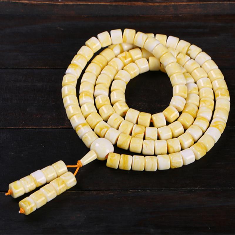 White Beeswax Prayer Beads with 108 Beads: Buddhist Bracelet & Necklace In Honey Amber.