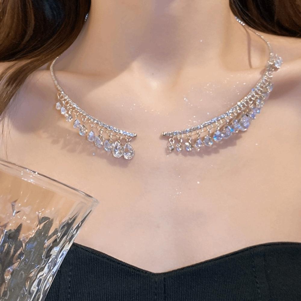 Shining Bridal Tassel Necklaces Crystal Neck Chain Choker Water Drop Rhinestone Jewelry Women