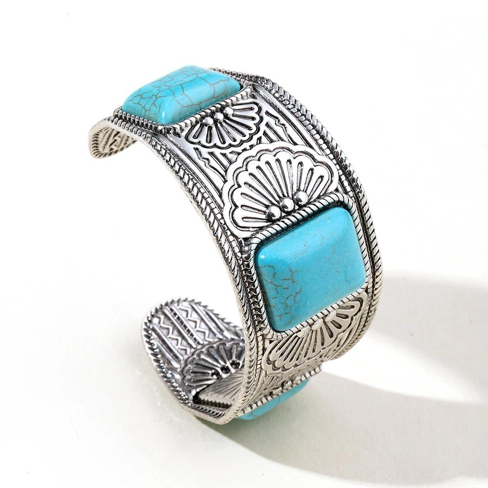 Multi Type Inlaid Imitation Turquoise Alloy Cuff Bracelet for Women New Fashion Bohemian C Shape Open Bangle Jewelry Accessories