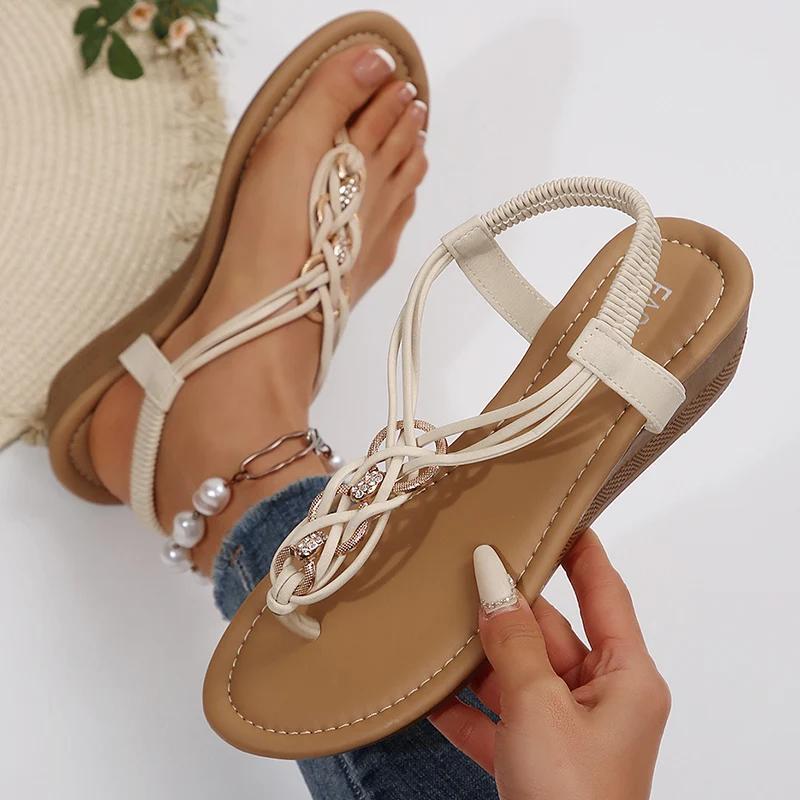 Fashion Women's Summer Braided Strap Wedge Sandals Elastic Band Clip Toe Gladiator Sandals Woman Roman Style Comfortable Beach Shoes