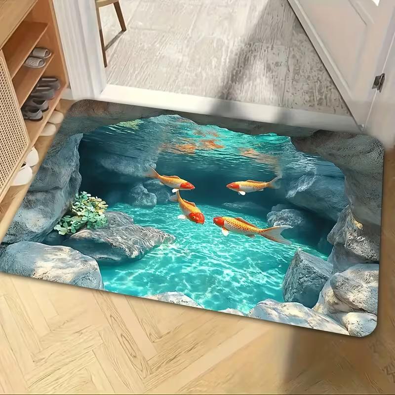 

3D Koi Puddle Doormat Realistic Fish Lotus Design Soft Non-Slip Floor Mat Modern Funny Home Decor Interior Entrance Carpet 50X80cm