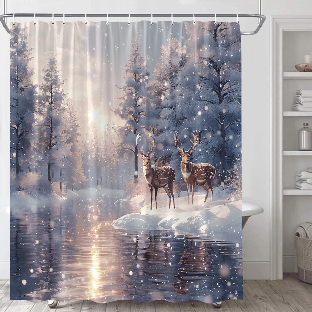 

Winter Snow Forest Shower Curtain Christmas Pine Tree Deer Dreamy Snowflake Woodland Wildlife Animal Elk Xmas Reindeer Nature 90x180cm