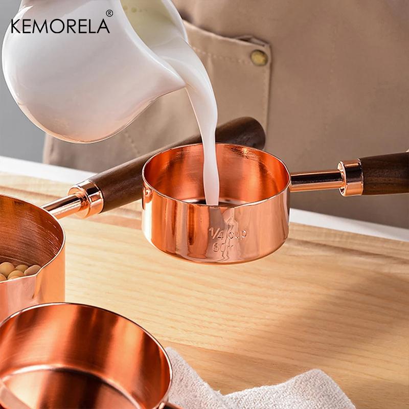 4PCS Measuring Spoon Set Wooden Handle Stainless Steel Measuring Cups Spoons Baking Tools Coffee Bartending Kitchen Accessories