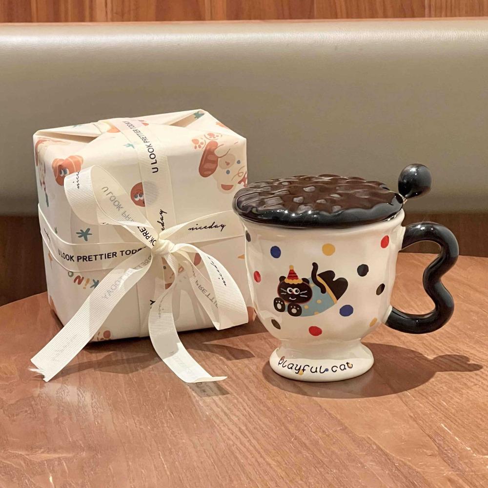 High-value Milk Cute Polka Dot Kitten Mug with Lid Girls Ceramic Cup Birthday Gift Souvenir