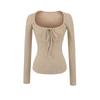 Vintage Square Neck Lace-Up Long Sleeve Shirt - Women's Autumn Inner Wear, Sexy and Chic Top