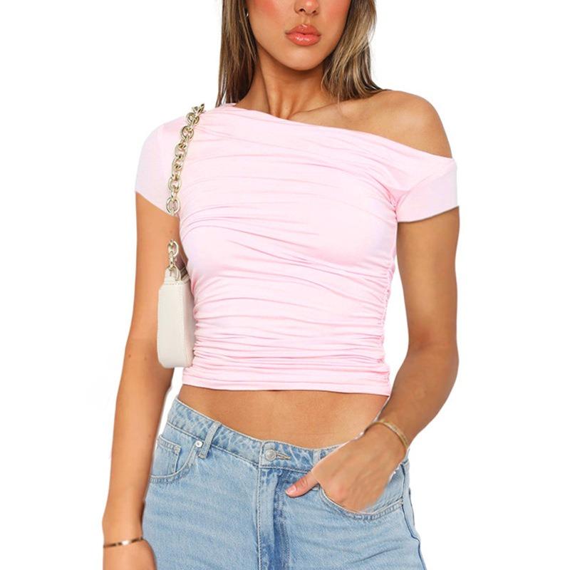 Summer Short Sleeve Slim Fit Casual Crop Tops New Slanted Shoulder Street Wear Women T-shirt Fashion Pleated T Shirt Solid Short Tees