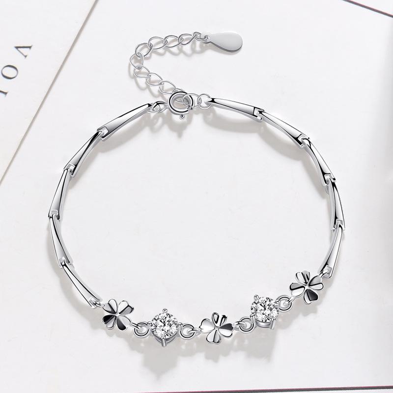 S925 Sterling Silver Four-Leaf Clover Bracelet with Zirconia for Women - Japanese Korean Simple Fashion Jewelry. 925 Silver белого золота