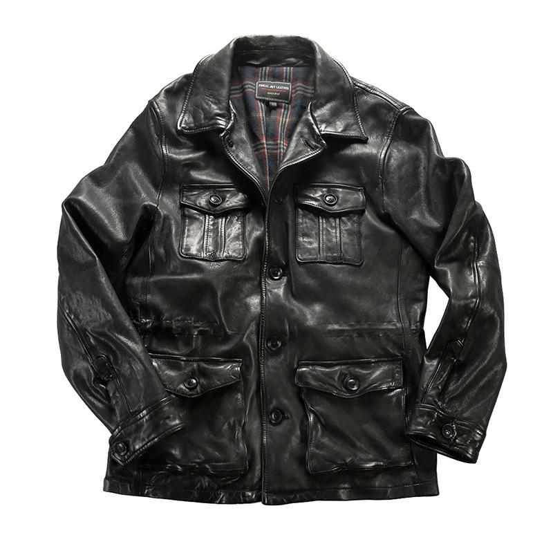 Heavy Wash Full Vegetable Tanned Sheepskin Outdoor M Hunting Leather Jacket Lapel Multi-Pocket Casual British Leather Jacket