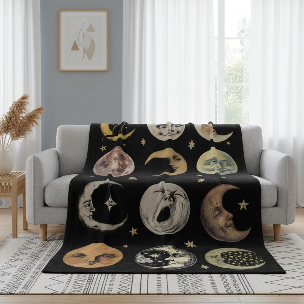 Funny Vintage Moon Face Throw Blanket Weird Moon Phase Meme Celestial Art Unique Humor Gift For All Decor