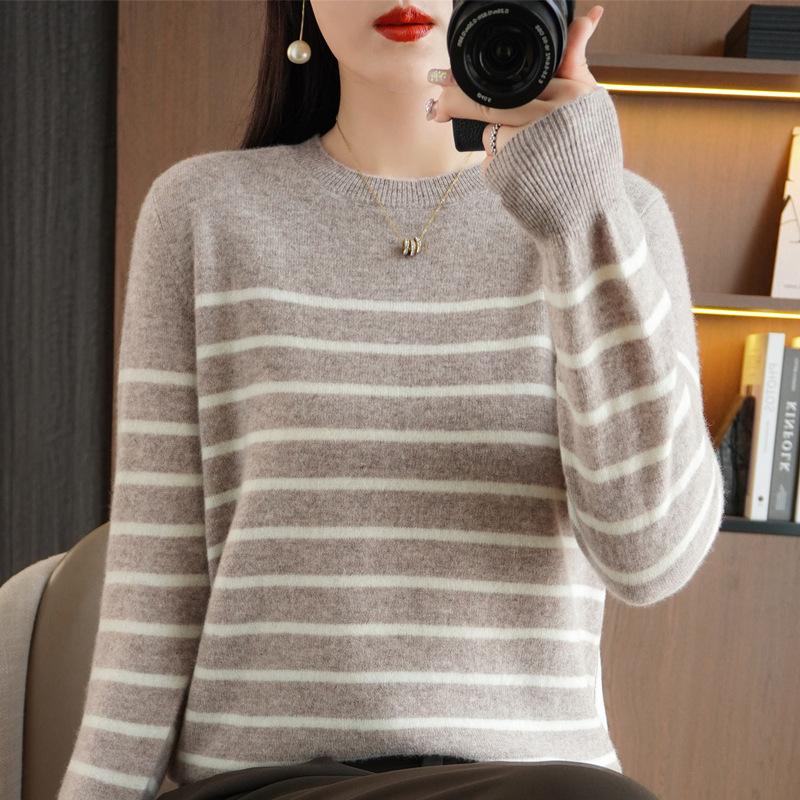 Pulover stil coreean cu mâneci lungi de toamnă și iarnă, tricotat în dungi, top de bază contrastant, pulover larg cu gât rotund pentru femei, stil nou