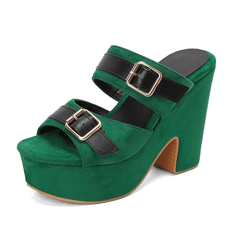 

ANNYMOLI Women Slides Round Toe Chunky High Heels Sandals Platform Buckle Slippers Ladies Fashion Shoes Summer Pink Green 43 39 темно-зелений колір
