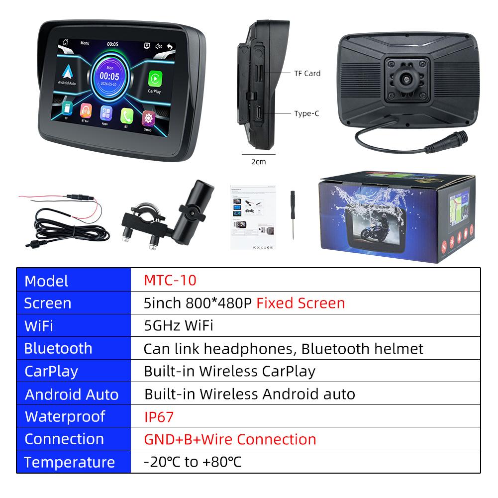 5inch IPS Portable Motorcycle Navigation for Apple CarPlay Android Car Display Screen Wireless Monitor Bluetooth Waterproof IP67
