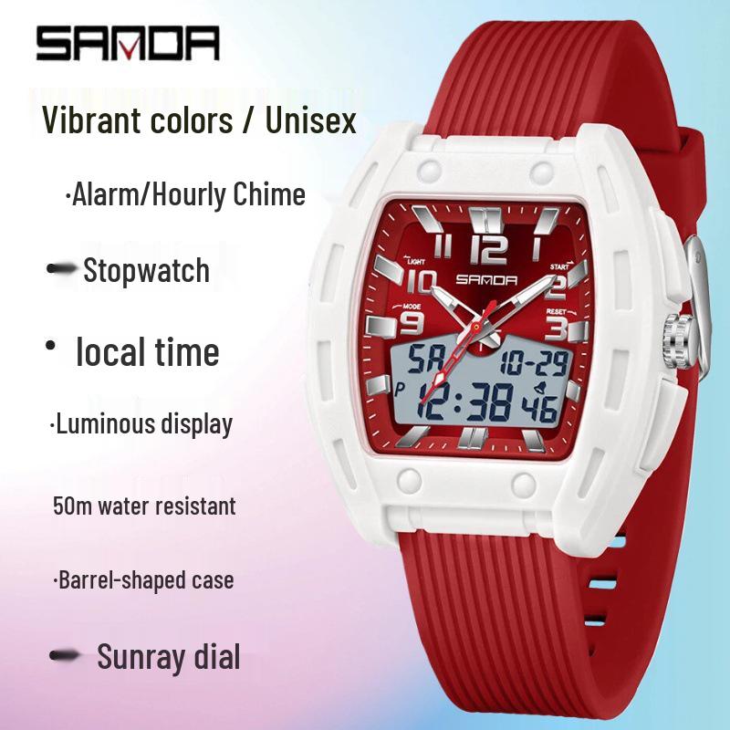 SANDA Men's Waterproof Luminous Sports Watch - Countdown & Multifunctional Barrel-Shaped Electronic Watch with Large Dial