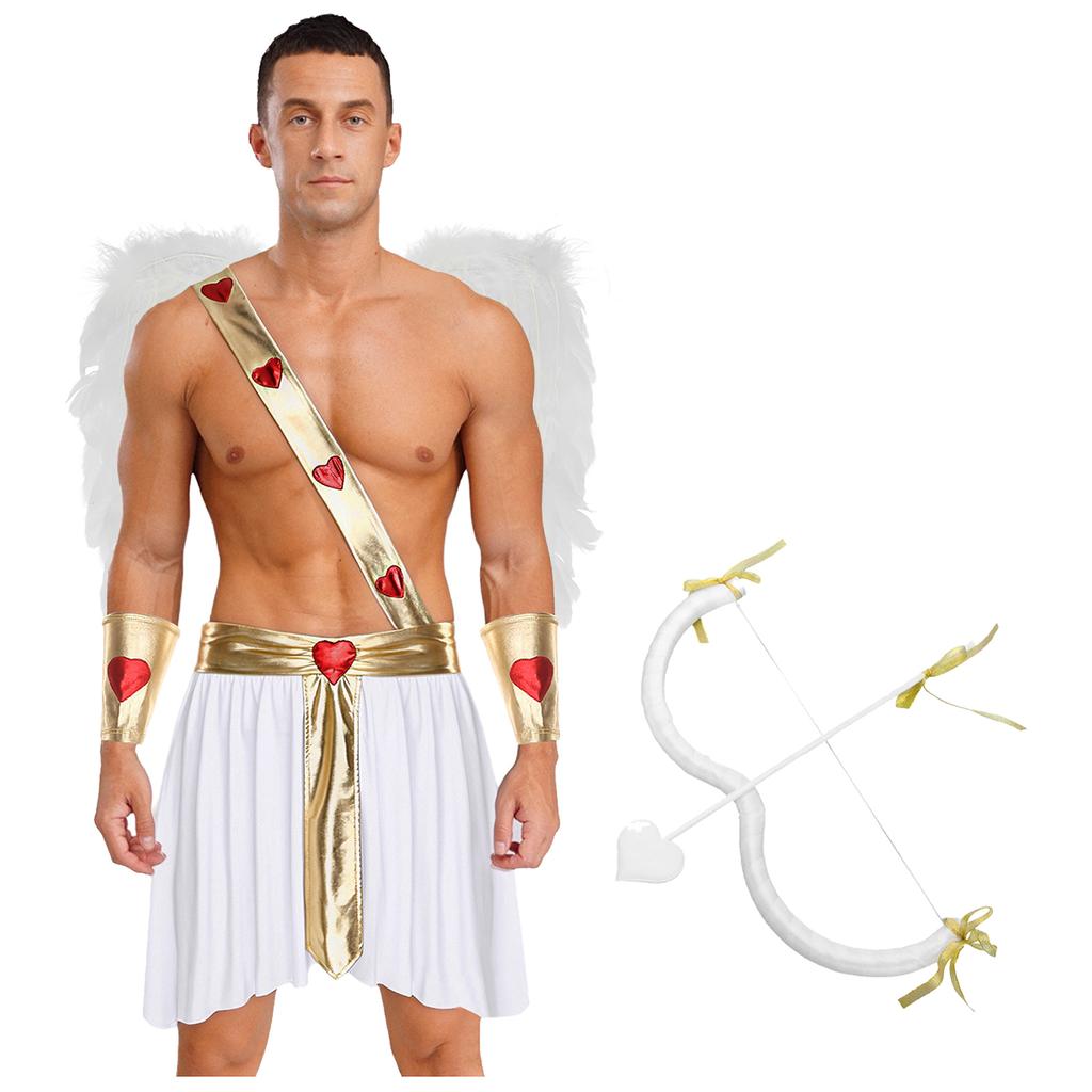 Mens Cupid Costume Set Contrast Color Heart Pattern Skirt Detachable Sleeves Wings Bow Arrow