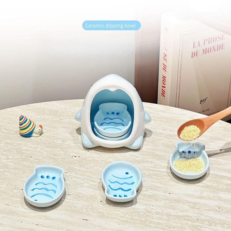 Cute Shark And Small Fish Ceramic Sauce Dish Set Cartoon Design High Aesthetic Value for Home Use Hot Pot Seasoning Dish