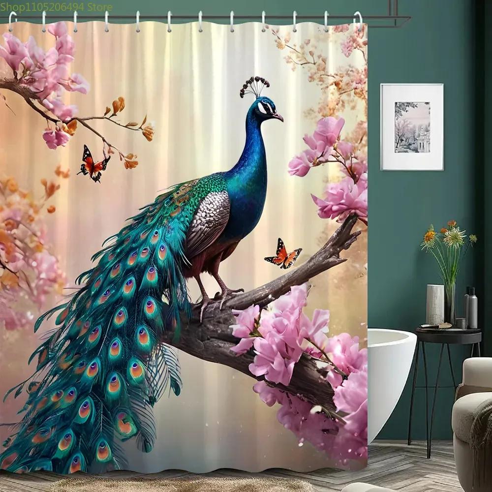 Beautiful Peacock Shower Curtain Blooming Flower Botanical Watercolour Artistic Creation Polyester Shower Curtain Bathroom Dec