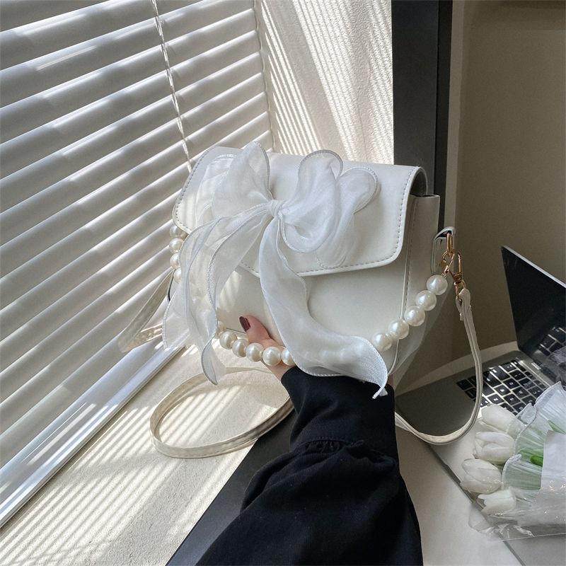 Fashi Lace Bow Single Shoulder Handbag, Korean Fairy Gentle Style Pearl Crossbody Bags, Versatile for Commuting and Banquets