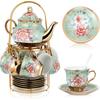 20 Pcs Porcelain Tea Set with Metal Holder and Spoon Adult Ceramic Tea Party Set European Flower Painting Teapot Cup Saucer