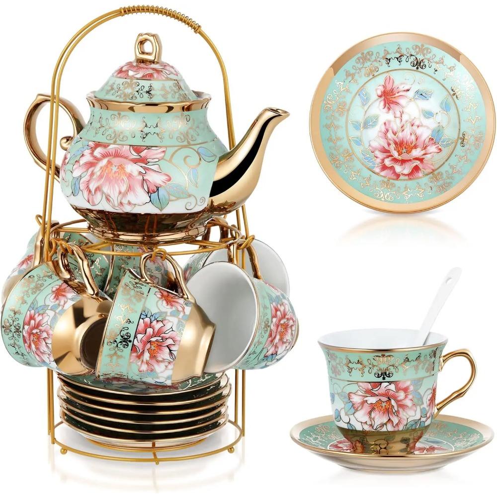 20 Pcs Porcelain Tea Set with Metal Holder and Spoon Adult Ceramic Tea Party Set European Flower Painting Teapot Cup Saucer