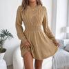 Women's Fashion Casual Twisted Knit Fitted Waist Sweater A-line Skirt Round Neck Long Sleeve Solid Color Dress