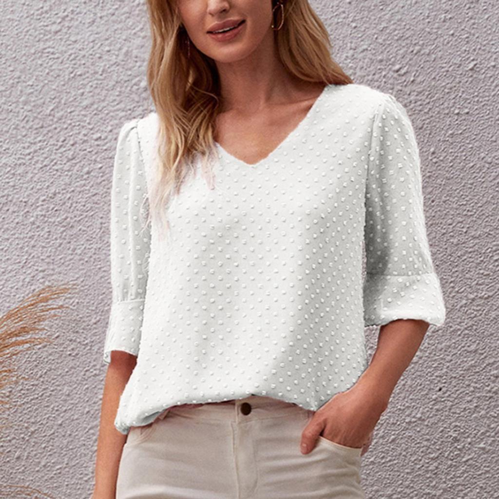 Damenmode, lässig, einfarbig, kurzärmelig, V-Ausschnitt, Chiffon, lockeres T-Shirt