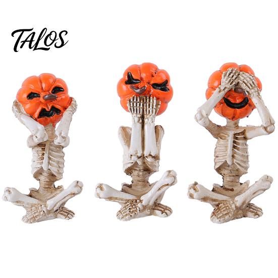 Spooky Desktop Ornament 3 Pcs Halloween Skeleton Statue, Hear See Speak No Evil Pumpkin Head Skull Figurine Figurine, Resin for Mantel, Table, Tiered