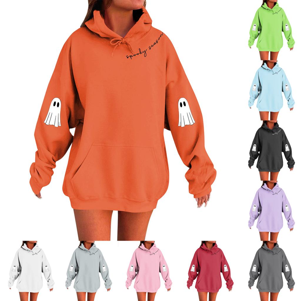 Women's Solid Color Long Sleeve Casual Halloween Print Pullover Hooded Sweatshirt
