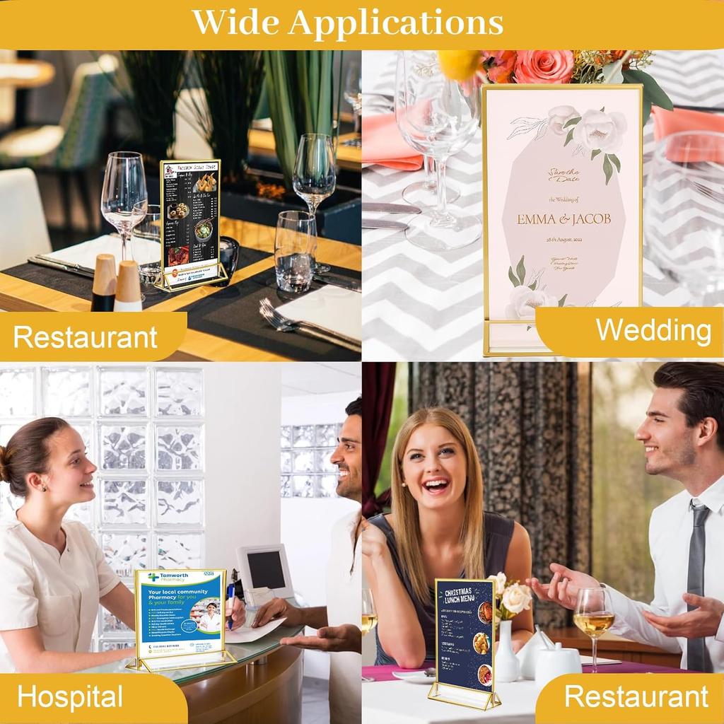 8 Pack Acrylic Sign Holder Gold Borders,4 X 6 Gold Table Number Holders Vertical Stand,Double Sided Clear Picture Frames,Gold Sign Holders Display