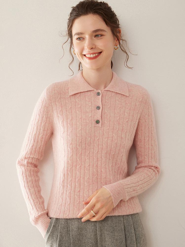Women's Cashmere Cable Knit Polo Collar Pullover - Long Sleeve, Warm, Fashionable, Versatile Autumn/Winter Base Layer Top.