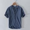Solid-colour Short-sleeved Shirt for Men Casual Cotton-linen Blend Loose-fitting Stand-up Collar Half-buttoned Front