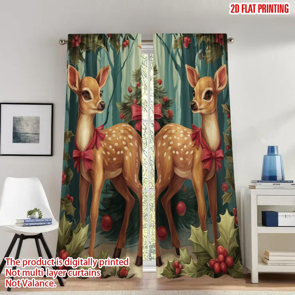 

2pcs 2D flat printing Merry Christmas Party Curtains Christmas Reindeer Festive Holiday Digital Printed Polyester Drapes Family 100*130 HOOK 1pcs