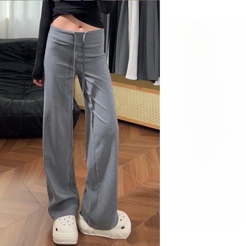 Gray Drawstring Sports Straight-leg Pants Women's Spring and Autumn New High-waisted Drape Small Casual and Thin Wide-leg Pants