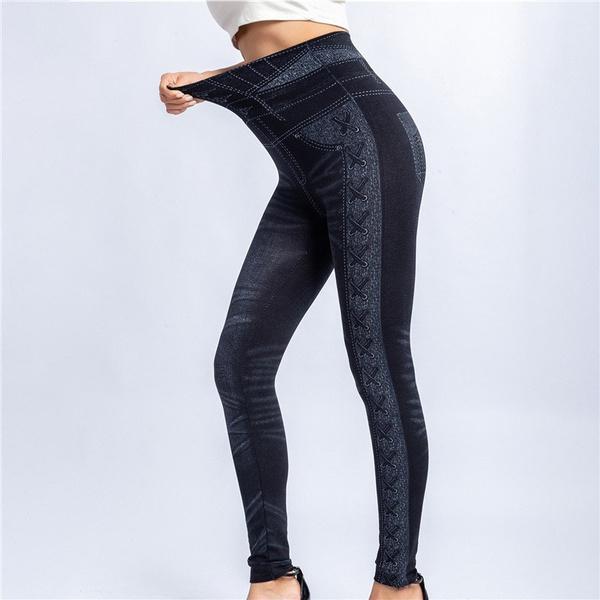 Women Sport Lady Denim Fake Jeans Leggings Jeggings Streth Pants with Pockets Blue Black Slim Leggings Jeans Skinny Trousers Tight XS-3XL
