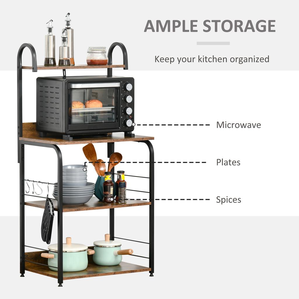 4 Tier Baker S Rack Microwave Stand With 4 Hooks Kitchen Storage Unit For Spices Pots And Pans Rustic Brown