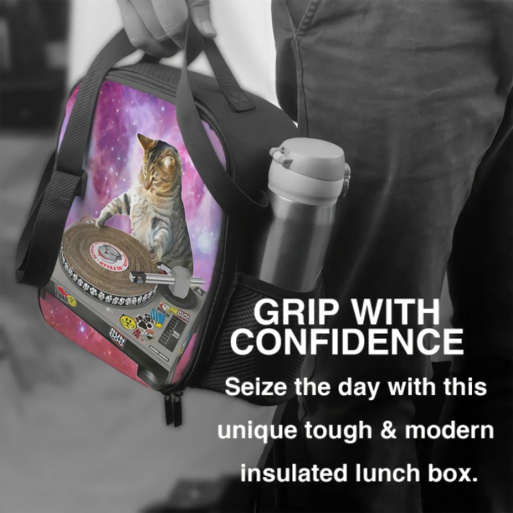 Funny Cat DJ Insulated Lunch Box Leakproof Portable Lunch Bag with Adjustable Shoulder Strap Reusable Cooler Tote Bag for Picnic