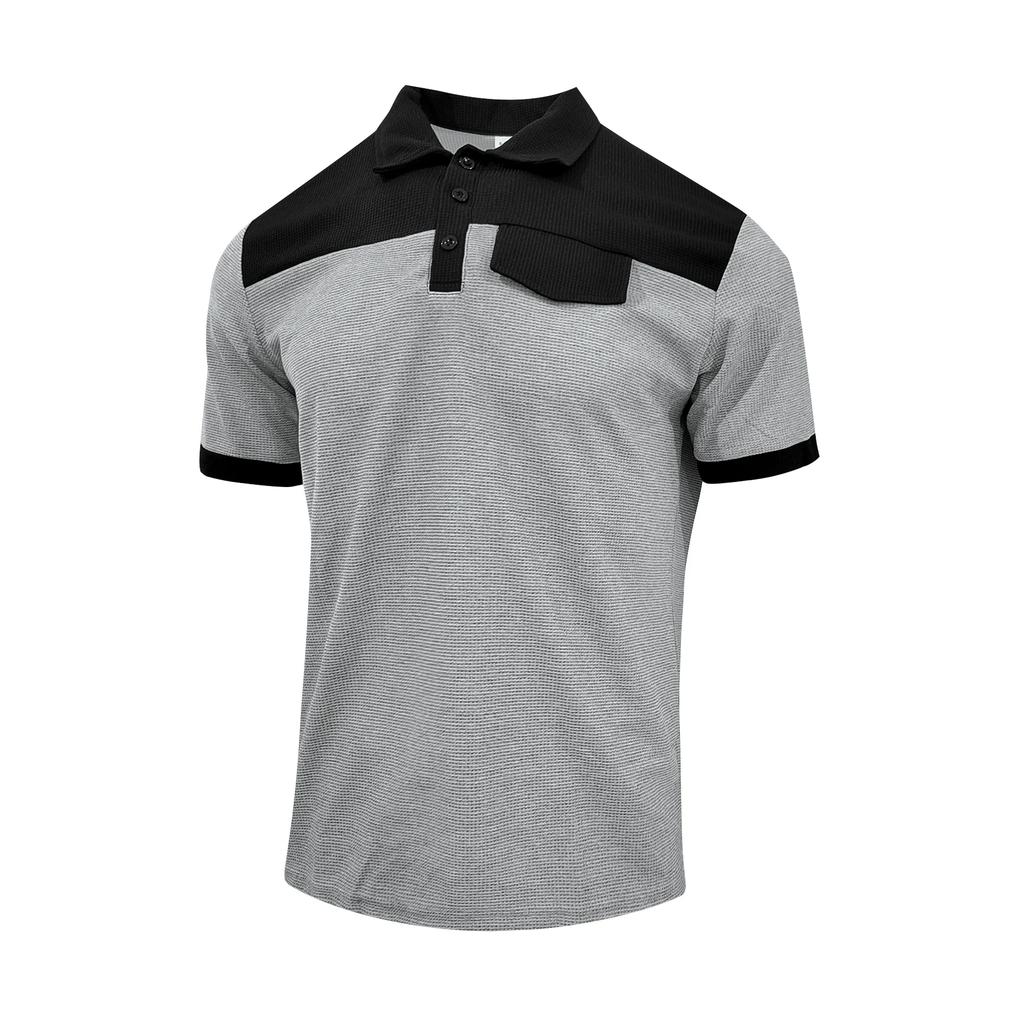 Men's Casual Waffle Top T-Shirt Color Blocked Collar Short Sleeved Top Outdoor Versatile Fashion Summer Outdoor Tees