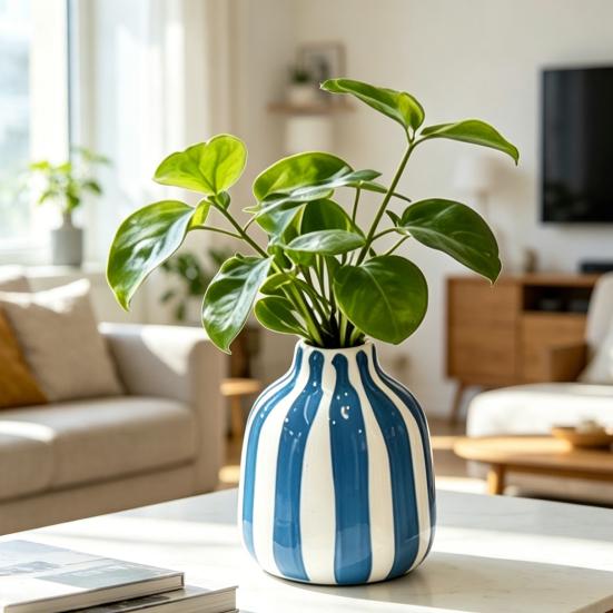 Ceramiczny Pasiasty Wazon Ręcznie Malowany Nowoczesny Nordycki Boho Wazon Mały Dekoracyjny Pojemnik na Kwiaty na Stolik Boczny Kuchnia Pomieszczenie Wewnętrzne Ozdoba Stołu