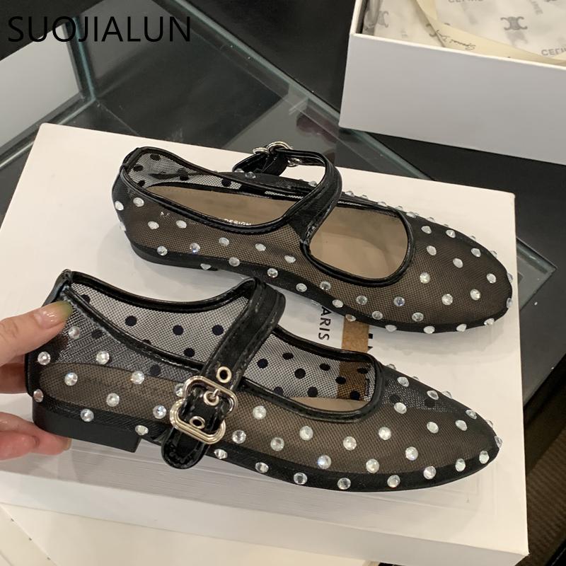 Fashion SUOJIALUN 2025 Autumn Women Flat Shoes Fashion Mesh Crystal Ladies Elegant Mary Jane Ballet Shoes Soft Flat Heel Dress Single Sh