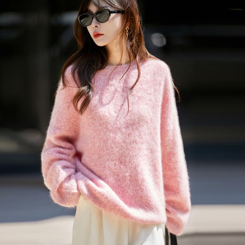 Autumn and winter new camel wool knitted loose sweater thickened large size lazy wind women's round neck pullover