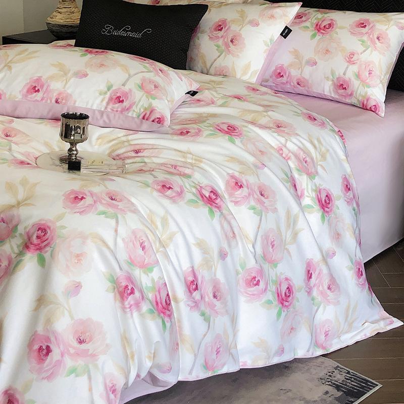 French Pastoral Oil Painting Style 100S Pure Cotton Satin Long-Staple Cotton Four-Piece Digital Printing Bedding