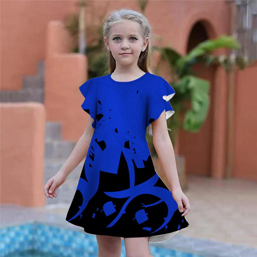 Dívčí tmavě modré šaty s křivým potiskem Dětské Dívčí společenské šaty Volný střih Volný střih sukně s krátkým rukávem pro dívky starší čtyř let