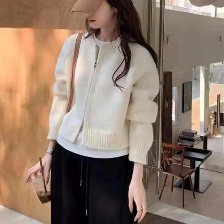Women Autumn Winter Solid Color Long Sleeve Short Knitting Cardigan Ladies Round Neck Casual Zipper Sweater Jacket