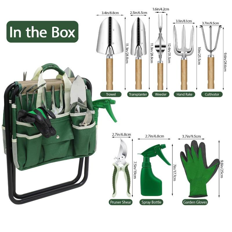 10Pcs Gardening Tool Set Folding Stool Storage Tote Bag Stainless Steel Wooden Handle Planting Weeding Yard Kit
